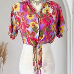 Vintage 90s 1991 Colorful Boho Hippie Floral Flower Front Tie Crop Top Blouse S Photo 0