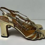Gucci  GG Gold Metallic Leather Cross Over Strap Slingback Sandals High Heels Photo 8