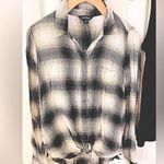 Lucky Brand Cream/Gray Plaid Boyfriend Button Up Flannel Shirt & Black Tank Top Photo 2