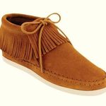 Minnetonka Women's  Venice Moc bootie suede tan $90 boho native fringe fall 8 Photo 0
