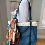 Vintage Navy Tan Striped Tote Bag w Anne Klein Scarf Tie Blue Photo 0