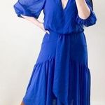 Taylor Royal Blue Azure Chiffon V neck High Low Midi Dress Medium Photo 0