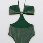 Aerie Shine Cut Out Halter One Piece Swimsuit NWT Dark Algae Green Glitter Photo 6