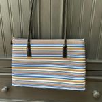 Kate Spade Blue/Yellow/Tan Striped Purse with Black Shoulder Strap Photo 2