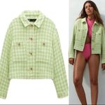 ZARA Green White Houndstooth Tweed Gold Button Crop Jacket Blazer Photo 2