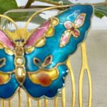 Vintage Enamel Butterfly Floral Hair Comb Gold Blue Photo 8
