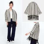 ZARA Ecru Black Stripe Rustic Fringe Tassel Trim Boho Open Front Kimono Size S Photo 1