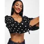Topshop ASOS Monochrome Polka Dot Corset Crop Top Size 10 Puff Sleeve Spot Print Photo 3