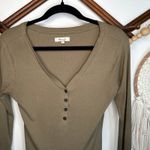 Madewell  Olive Green Ribbed V Neck Long Sleeve Henley Top Photo 2
