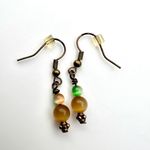 Handmade  Beaded Drop Earrings Green & Amber Glass Beads Antiqued Bronze Hooks Photo 3