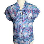 Vintage 80s Blouse Bow Tie Small Zigzag Pastel Purple Blue Short Sleeve Sheer Size M Photo 0