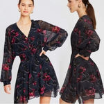 ALLSAINTS  Nichola Rosalyn Dress S Black Floral Chiffon Smock Waist Gray $260 Photo 0
