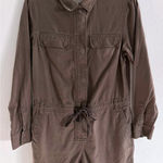 Lands' End  Jumpsuit Womens 8 Brown Linen 3" Shorts Utility Long Sleeve Romper Photo 0