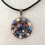 Italian Glass Millefiori Round Pendant Silver Rim Black Leather Strap Necklace Photo 1