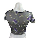 Urban Outfitters  Black Lilac Floral Embroidered Sheer Short Sleeve Crop Top S Photo 2