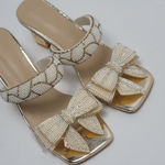 Beaded Rhinestone Bow Knot Kitten Heels Slide Mules Sandal Gold Size EU 40, US 9 Photo 2