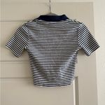 ZARA Blue and White Striped V Neck Polo Collared Cropped Baby Tee Photo 2