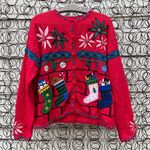 Vintage 90s ugly Christmas cardigan sweater poinsettias stockings presents Red Size XL Photo 0