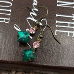 Vintage Emerald Green Pink Rhinestone Dangle Earrings Antique Copper Photo 3