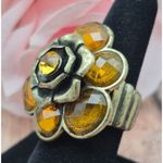 None Dark Gold Tone & Amber Color Statement Flower Ring Stretch One Size Boho Hippie Photo 6