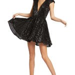 Mac Duggal Ieena for  Black Sequin Dress Deep V Neck Sleeveless Party Cocktail Photo 0