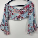 LF BRAND THREE DAYS LIGHT BLUE FLORAL CROPPED BELL SLEEVE WOVEN TOP MEDIUM Photo 0