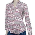 Anthropologie Maeve Women’s Size S White Pink Black Islet Print Button Down Split Neck Shirt Photo 1