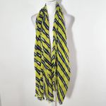 Navy and Lime Green Woven Boho Scarf Lightweight Frayed Edge Striped Scarf Photo 1