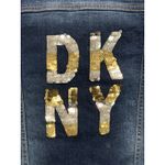 DKNY Dark Wash Denim Crop Jacket Size XL Sequins Logo Pockets Button Up Collar Photo 6