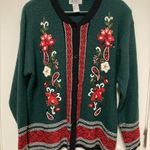 Koret Green Ugly Christmas Embroidered Floral Button Down Cardigan Sweater Size L Photo 0