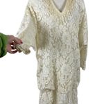Vintage 80s Damianou Floral Lace Party Draped Dolman Sleeve Dress Medium Photo 3