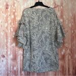 Badgley Mischka  Navy Striped Floral Print Tiered Bell Sleeve Boatneck Dress Sz 4 Photo 5