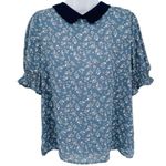 Adrianna Papell Peter Pan Collar Floral Print Puff Sleeve Blouse Top Shirt Blue Photo 3