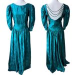 Vintage Emerald Green Floral Satin Basque Waist Floor Length Gown Dress Sz 11/12 Blue Photo 1