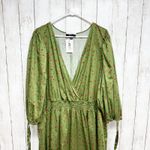 Eloquii Elements Dress Women Size 28 Green Faux Wrap Midi Cinch Waist Tie Sleeve Photo 1
