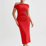 NEW Red Elegant One Shoulder Sleeveless Bodycon Ruched Cocktail Midi Dress S Photo 7