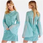 Free People  Women Embroidered Mini Bell/Sl  Dress Sz 12 Mint green Boho Coquette Photo 3