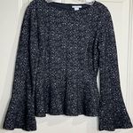 H&M  Black White Speckled Peplum Top Long Bell Sleeve Women’s Size S Photo 5