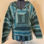 Molina Baja Hoodie Pullover Black Teal Stripe Poncho Blanket Green Size M Photo 0