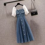 Stitching Puff Sleeve Dress Women's Denim Dresses Blue Size L Photo 2