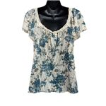 Denim‎ & Supply Floral Cream/Blue Short Flutter Sleeves Sweetheart Blouse Size M Blue Size M Photo 3