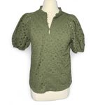 PRETTYGARDEN Pretty Garden Olive Eyelet Puff Sleeve Split Neck Cotton Blouse Size Small Photo 1
