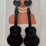 Boutique Black Glitter Guitar and Heart Charm Drop Festival Eras Statement Earrings Photo 1