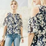 Anthropologie Moon River • Navy Blue Floral Blouse Cold Shoulder Swiss Dot  Photo 2