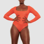 SKIMS Jelly Sheer Long Sleeve Thong Bodysuit in Poppy, NWT Photo 0