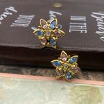 1960s Vintage Floral Crystal Earrings Gold Tone Blue Pink Holiday Retro Glam Photo 2