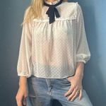 Takara White Sheer Dotted Swiss Prairie Blouse with Black Bow size Large Photo 0