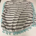 Sheer beach cover up with black stripes and teal tassels White Size undefined Photo 2