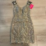 Jovani NWT  Cap Sleeve Lace Gold Metallic Cocktail Dress Mini Eyelet Size 00 Photo 1