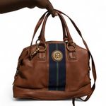 Tommy Hilfiger Brown Pebbled Leather Gold Tone Logo Bowler Satchel Shoulder Crossbody Hand Bag Purse Striped #Preppy Quiet #Luxury #Chic #Office siren #Workwear Measurement in pics Photo 1